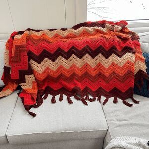Vintage 70s Handmade Afghan Blanket Zigzag Chevron Striped Fringe 5'8" x 6'